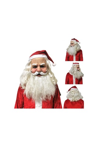 Kırmızı Noel Şapkası Ve Sakallı Lateks Gerçekçi Noel Baba Maskesi
