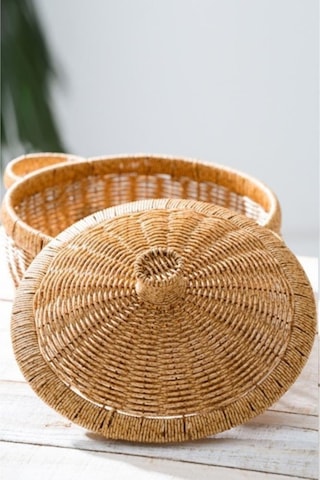Digithome Rattan Hasır Kapaklı C Ok Amac Lı Depolama Mutfak Banyo Sepeti 28.5 Cm - Kahverengi Kahverengi