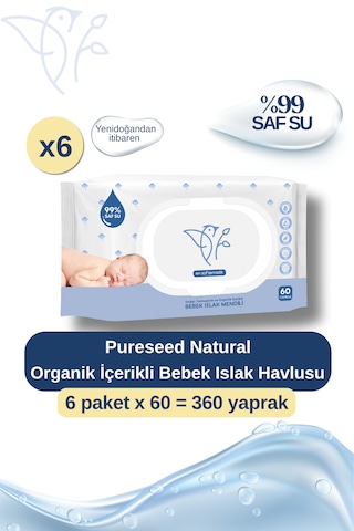 Pureseed Natural Organik İçerikli %99 Saf Su Bebek Islak Havlusu 6x60 6 Paket