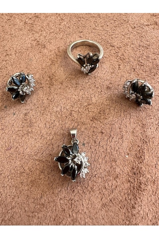 Aysesa Oniks Taşlı Kadın Gümüş Set 2küpe+kolye+yüzük 925 Ayar