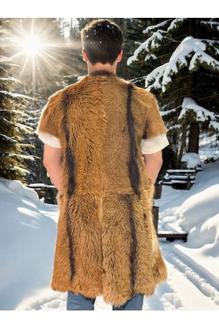 Vinevesta Erkek Premium Doğal Kürk Deri Kolsuz Uzun Yelek - Kahve Çok Renkli