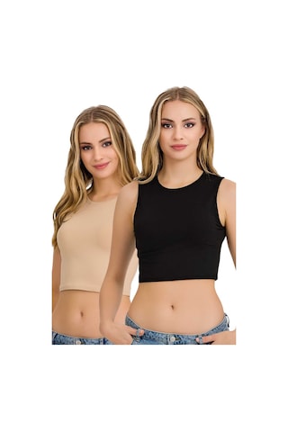 Fanilam İlke Kadın Elestan Kolsuz Crop -pamuklu Şık Ve Rahat Yarım Atlet Body 2 Adet Siyah+ten