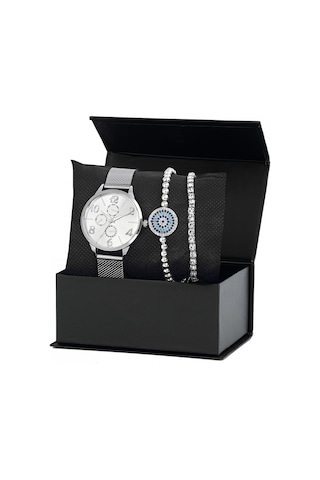 Forentina Gri Hasır Bayan Kol Saati Nazar Boncuk Bileklik Kombin Set Ps2616