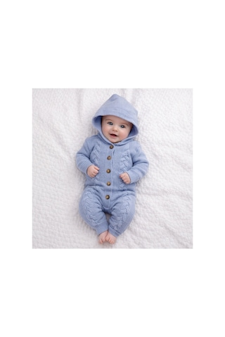 Babysena Kapüşonlu Mavi Örgü Erkek Bebek Tulum Mavi