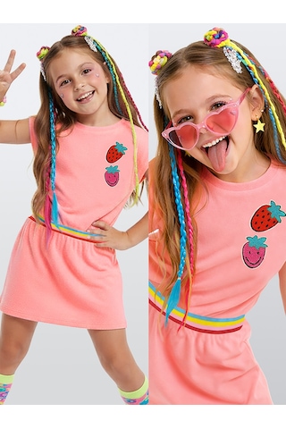 Denokids Pembe Çilek Kız Çocuk Havlu Elbise Çok Renkli