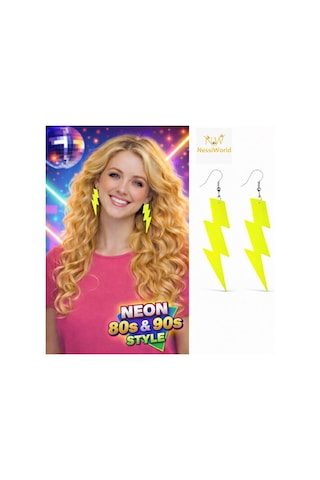80 Ler 90& 39 Lar Retro Neon Sarı Şimşek Küpe 10 Cm
