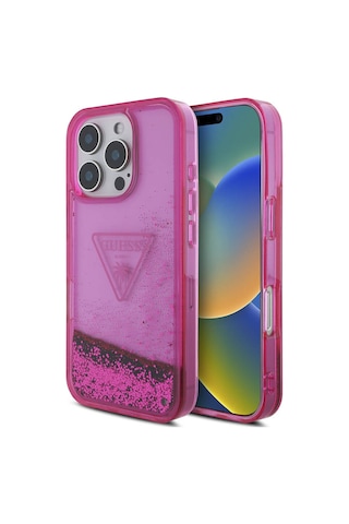 Apple iPhone 16 Pro Uyumlu Kılıf Guess Lisanslı Transparan Sıvılı Simli Dizayn Kapak Pembe