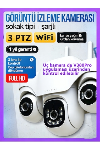 3 Kamera, Wifi Destekli, 4k Çözünürlük Güvenlik Kamerası Aynı Anda 3 Farklı Açıyı İzleyebilirsiniz V380pro İle 3 Kamerayı Da Ayrı Ayrı Ptz Döndürme Kontrol Edebilirsiniz