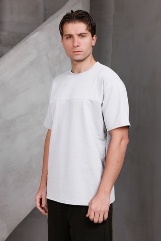 Erkek Garnili Şeritli Oversize Bisiklet Yaka 2 İki İplik Kompakt T-shirt Ekru