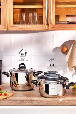 Emsan Montana 2'li 4+6 Litre İndüksiyon Tabanlı Düdüklü Tencere Seti Siyah Gri Gri - Siyah
