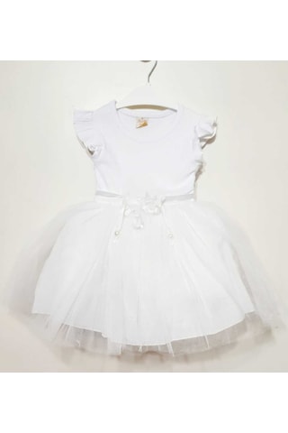 Kız Çocuk Beyaz Tül Pamuklu Özel Gün Doğum Günü Günlük Prenses Elbise Beyaz
