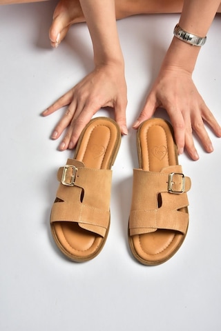 Fox Shoes Y944791002 Taba Hakiki Deri Süet Kadın Terlik