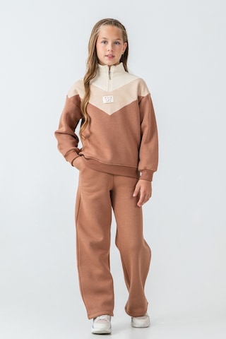 Kız Çocuk Kelebek Detaylı Yarım Fermuarlı 3 İplik Kalın Kışlık Eşofman Takımı Ak4233 Kahverengi
