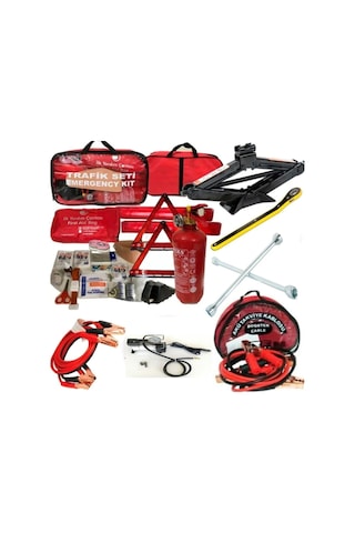 Beşli Araç Seti Trafik Seti + Akü Takviye Kablosu + Kriko + Bijon Anahtarı + Metal Hava Kompresörü