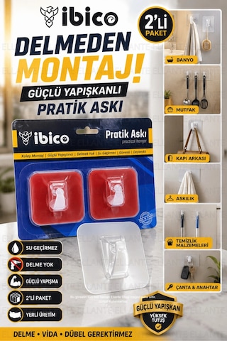 Pratik Askı 2'li Yapıştırmalı Duvar Askısı Şeffaf Askılık Delmeden Montaj Güçlü Yapışkan Su Geçirmez Çok Renkli