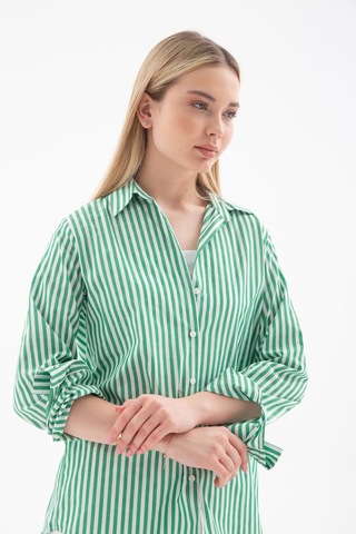 Fashion Friends Oversize Kadın Çizgili Gömlek Yeşil
