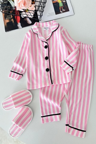 Minigimin Cicileri Çizgi Desenli Terlikli Kız Çocuk Pijama Takımı - Açık Pembe