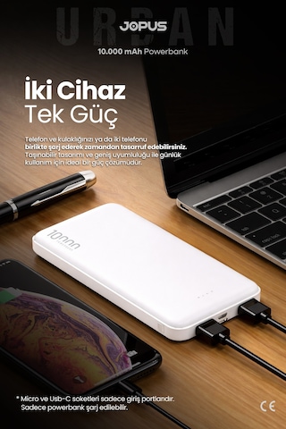 Jopus 10000mah Powerbank - Led Işık Göstergeli - Taşınabilir Şarj Cihazı Beyaz