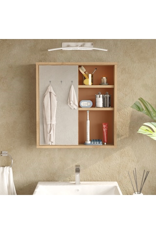Aqua Aynalı Lavabo Üstü Banyo Dolabı Raflı Kapaklı 60cm Kiremit Kahverengi