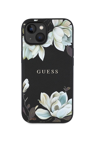 Apple Uyumlu iPhone 15 Kılıf Guess Lisanslı M-safe Özellikli Taneli Çiçek Tasarımlı Metal Yazı Logolu Kapak Siyah