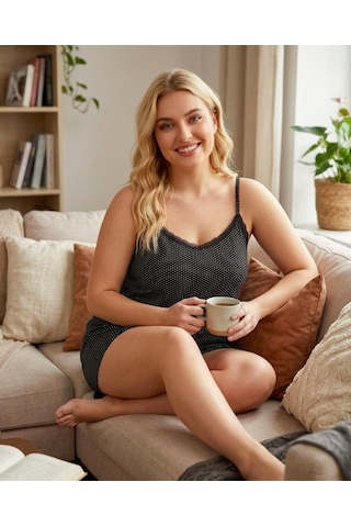 Büyük Beden Askılı Şortlu Likralı Penye Kumaş Pijama Takım Siyah Puantiyeli