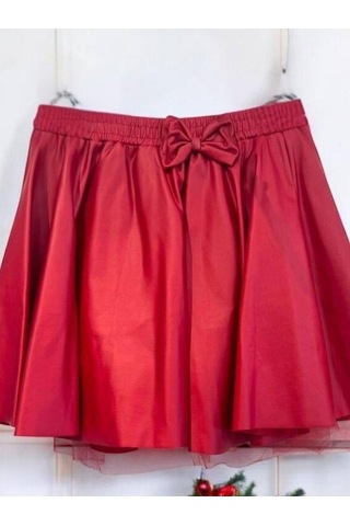 Kız Çocuk Fiyonk Detaylı Deri Etek-15121 Kırmızı
