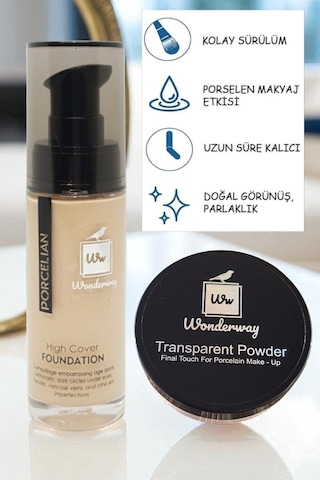 Porselen Fondöten & Transparan Pudra Set Sünger Makyaj Süngeriyle Açık Kumral