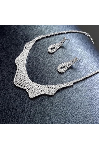 Ehediye Chavin Düğün Nişan Kına Damla Taşlı Kadın Kolye Küpe Set Eg90 Beyaz