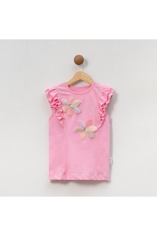 Overdo Kids Kız Çocuk Çiçekli Fırfırlı Kısa Kollu %100 Pamuklu T-shirt Pembe