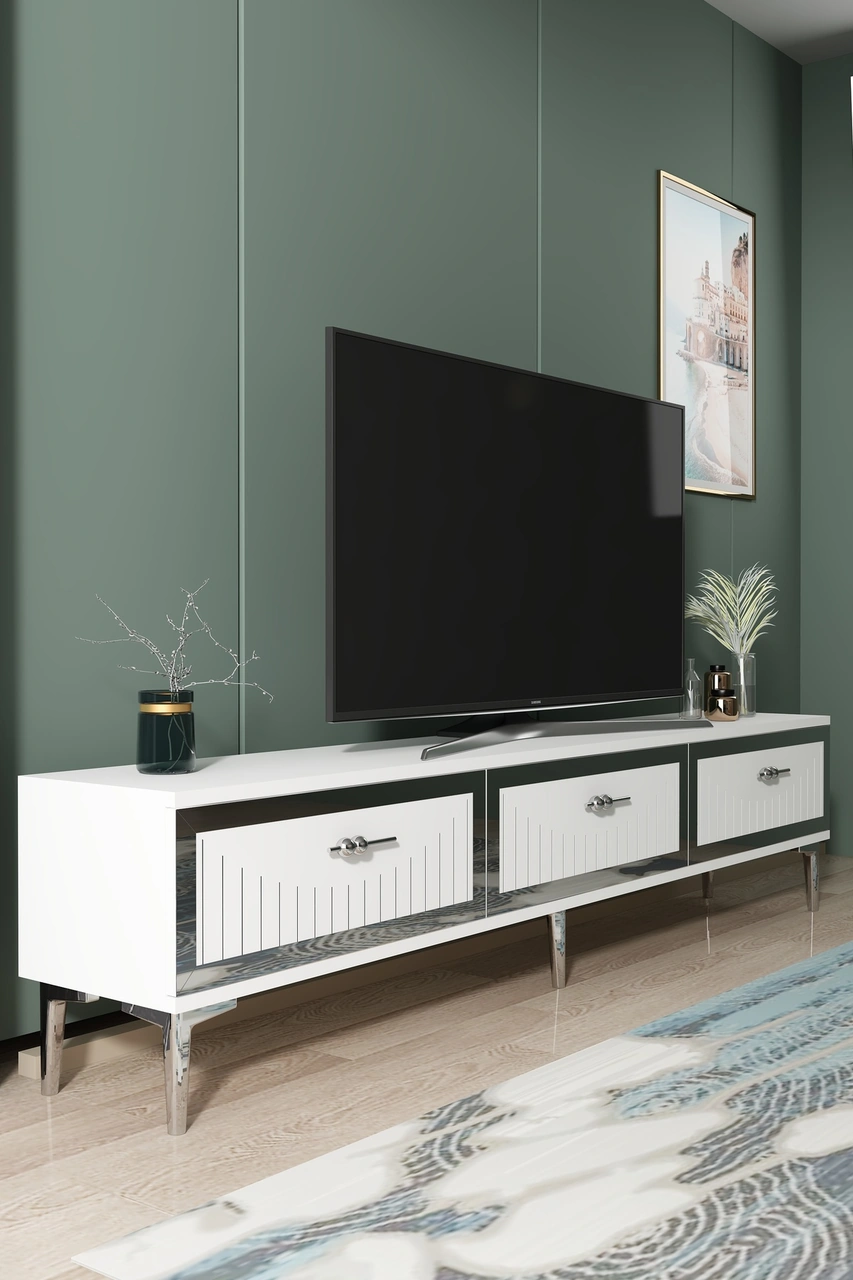 Tsa1802bs - Tuna Tv Stand, Tv Sehpası Beyaz-sılver 180cm Beyaz