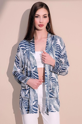 Kadın Mavi Safari Desen Yeni Moda Saten Çift Cepli Salaş Kimono Ceket - Tesettüre Uygun Mavi