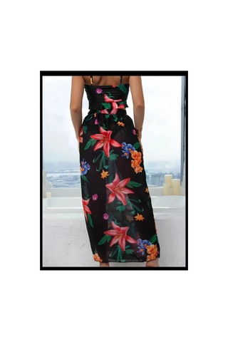 Nisanurtekstil Yüksek Bel Bohemia Mayo Set Üç Parça Çiçek Baskı Bikini Mayo Çok Renkli Çok Renkli