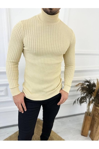 Kazak Slim Fit Tüylenmez Naturel Pamuk Triko Boğazlı Balıkçı Yaka Kazak Krem