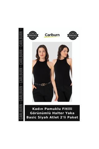 Carlburn Kadın Pamuklu Fitilli Görünümlü Halter Yaka Basic Siyah Atlet 2'li Paket Gardırop Tekstil Örme Üst