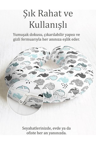Sevimli Balina Desenli Pamuklu Boyun Yastığı - Modern Siyah Mavi Desenli Ergonomik Seyahat Yastığı Çok Renkli
