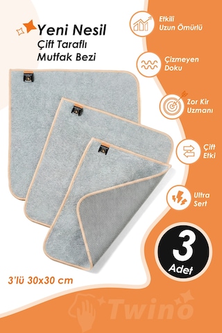 Twino 3'lü Çift Taraflı Zor Kir Temizlik Bezi 30x30 Mikrofiber Telli Ovma Mutfak Lavabo Tezgah Bezi