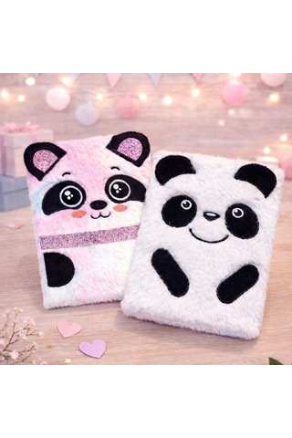 Premium Sevimli Çizgili Yapraklı Hediyelik Panda Tasarımlı Peluş Defter Çok Renkli