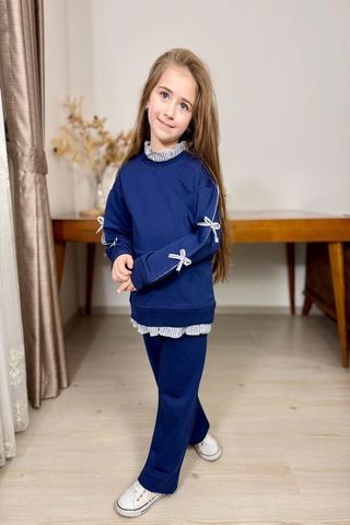 Koçak Kids Gömlek Desenli Lacivert Renk Kız Çocuk Takım Krem