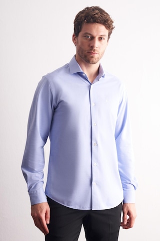 İmza Mavi Yarım İtalyan Yaka Uzun Kol Premium Slim Fit %100 Pamuk Gömlek 1004255194 Mavi