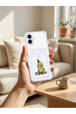 Apple İphone Uyumlu 16 Boş Yapma Muz Detaylı Kart Bölmeli Şeffaf Telefon Kılıfı Çok Renkli