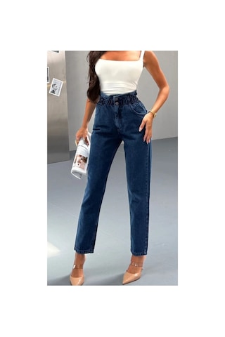 Kene Jeans Yüksek Bel Lacivert Çift Düğme Kemer Büzgülü Mom Jeans Lacivert