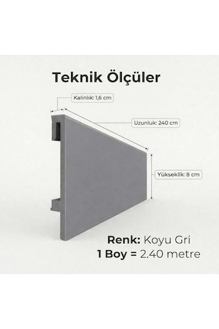 Espumo Kompozit Süpürgelik 8 cm Koyu Gri | Suya Dayanıklı Parke Duvar Süpürgelik 2,40 m ESP203