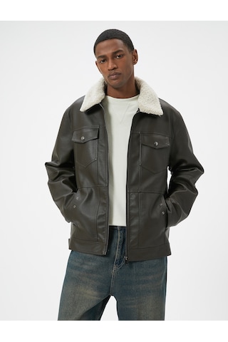 Koton Suni Deri Ceket Yakası Kürklü Cepli Fermuarlı Astarlı Slim Fit Kahverengi 5wam20085hw Kahverengi