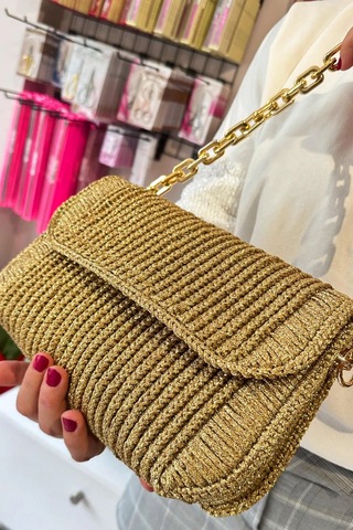 Kanvas Çanta Örgü Kiti 45x21cm -sütlü Kahve Gold Zincir Polyester Makrome No.3 Plastik Kanvas Ça...