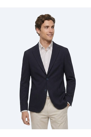 Kip Lacivert Kareli Modern Fit Pamuk Karışımlı Örme Ceket