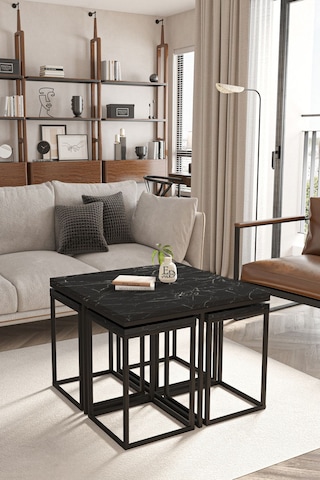 Lizbon 4+1 Kare Sehpa Takımı Siyah Metal - Siyah Mermer Tabla