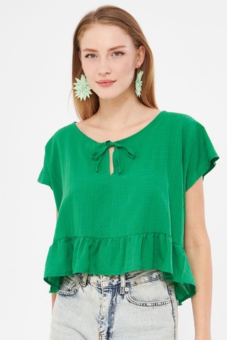 Armonika Kadın Yeşil Yarasa Kol Yakası Bağlamalı Eteği Fırfırlı Oversize Crop Bluz Arm-24y001088