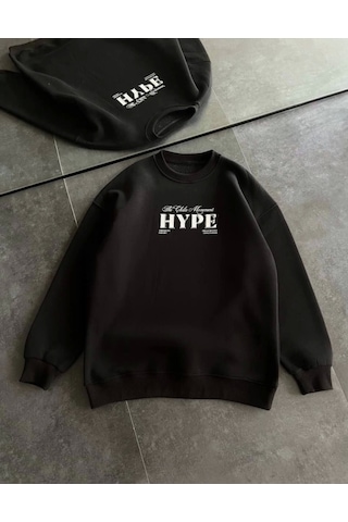 İkales Üç İplik Bisiklet Yaka Baskılı Sweatshirt - Siyah