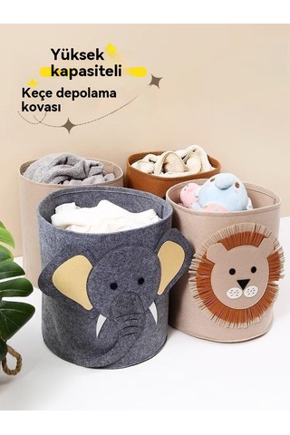 Büyük Kapasiteli Karikatür Keçe Saklama Sepeti - Haki