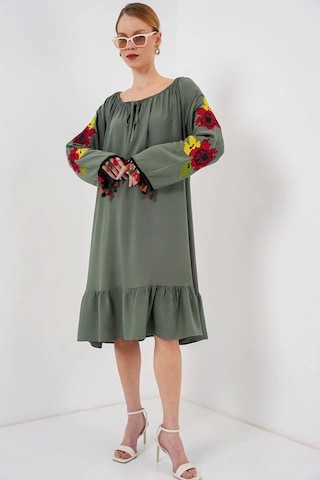 Nakışlı Midi Elbise 2531 - Haki Haki